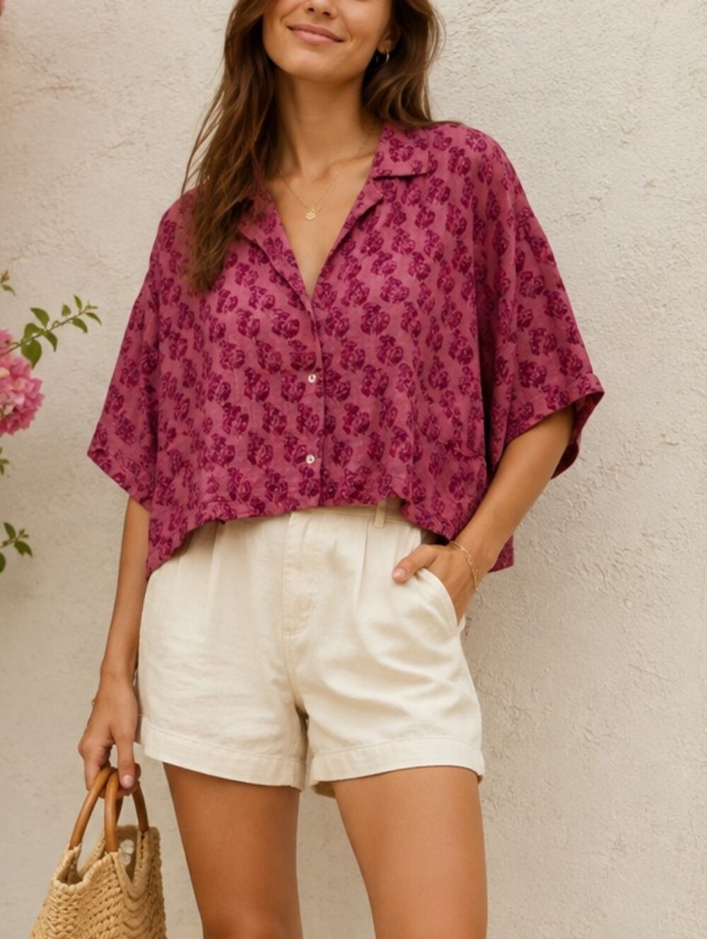 Zara Floral Button Down Blouse Top Size M Short Sleeve Romantic